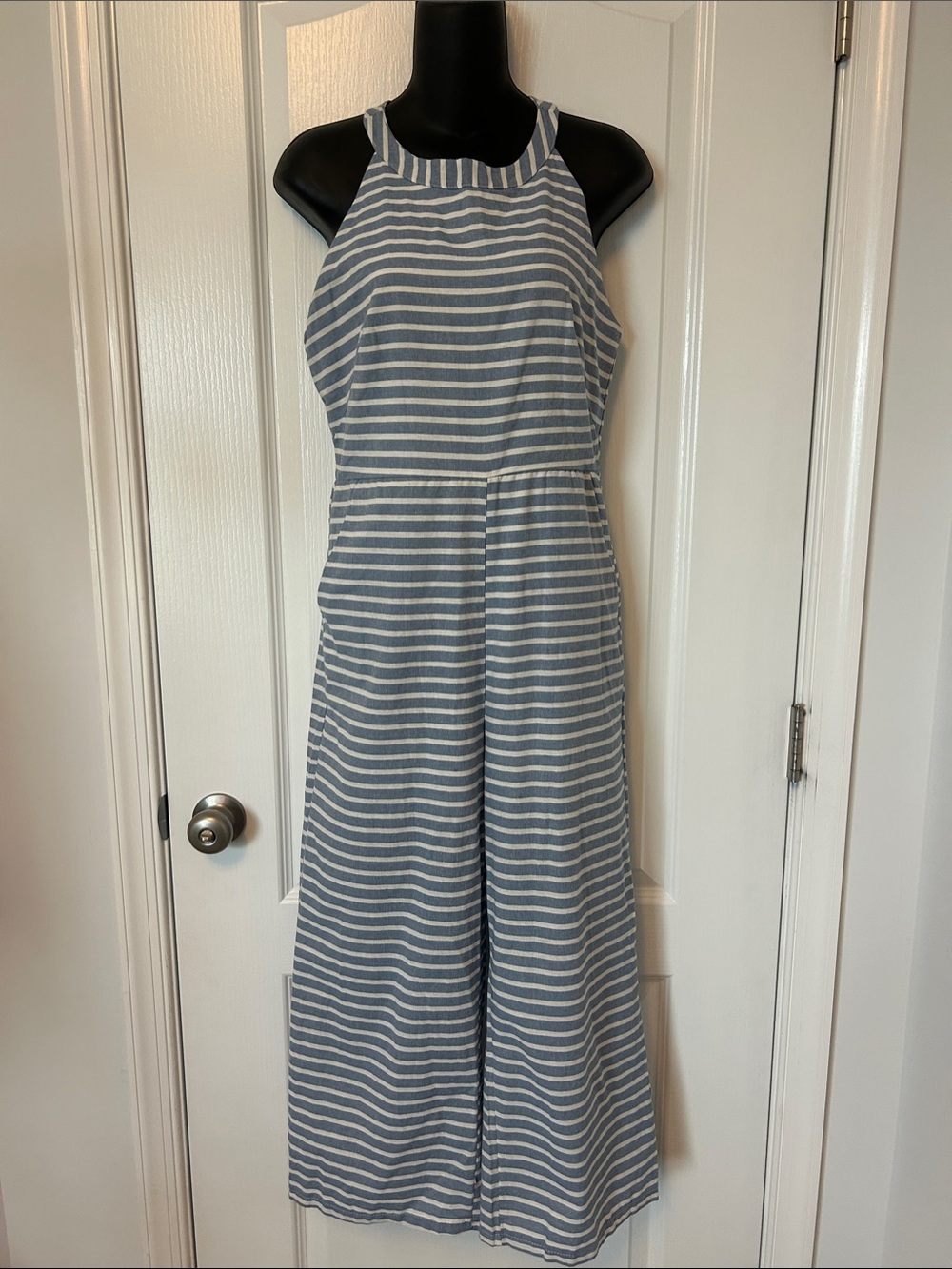 Striped‎ Blue & White Wide-Leg Jumpsuit - Sleeveless Halter